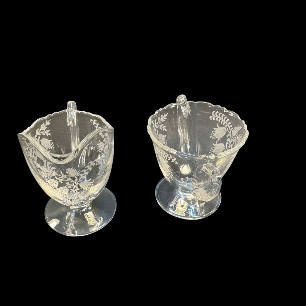 Vintage Tiffin Fuchsia Cream Sugar Etched Crystal Vintage Tea Coffee Serveware - Picture 4 of 11